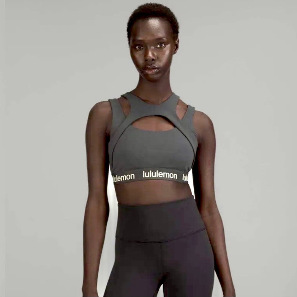 Lululemon Logo Train Bra LW2DB3S Graphite Grey Strappy Cut Out 10